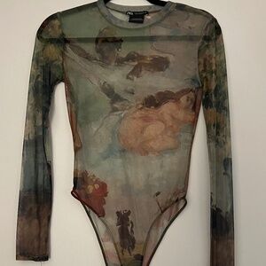 ZARA LONG SLEEVE PRINTED SHEER BODYSUIT